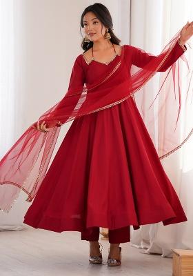 Maroon Lace Work Chanderi Kurta Set