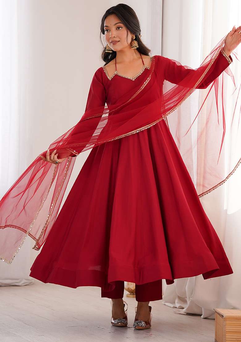 Maroon Solid Chanderi Anarkali Set - Indya