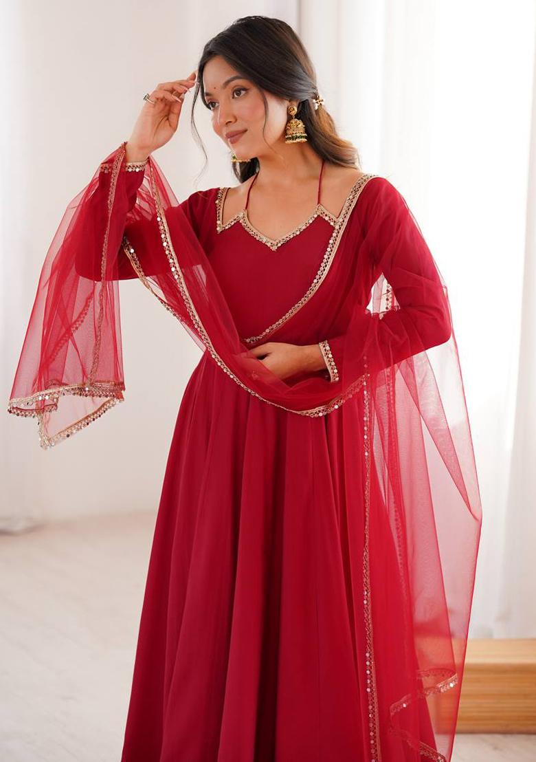 Maroon Lace Work Chanderi Kurta Set - Indya