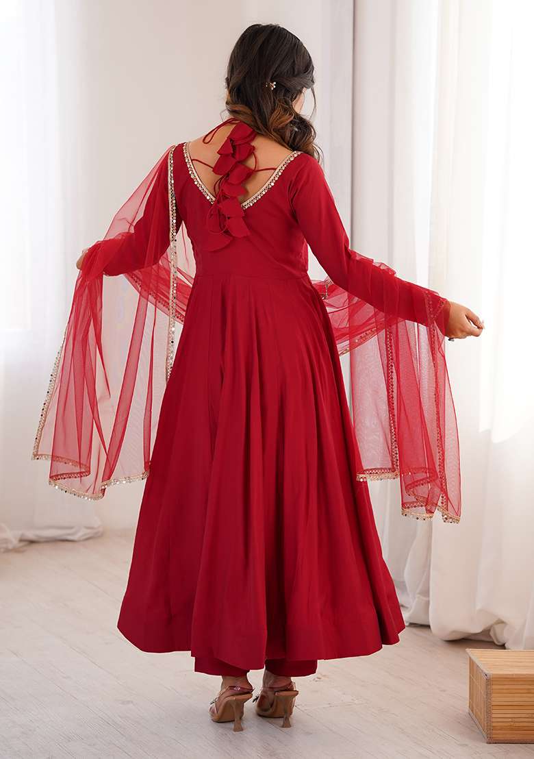 Maroon Solid Chanderi Anarkali Set - Indya