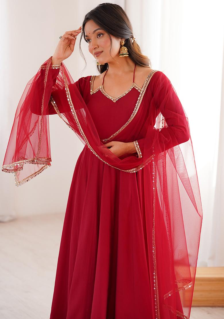 Maroon Lace Work Chanderi Kurta Set - Indya