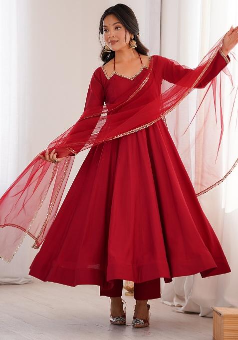 Maroon Lace Work Chanderi Kurta Set