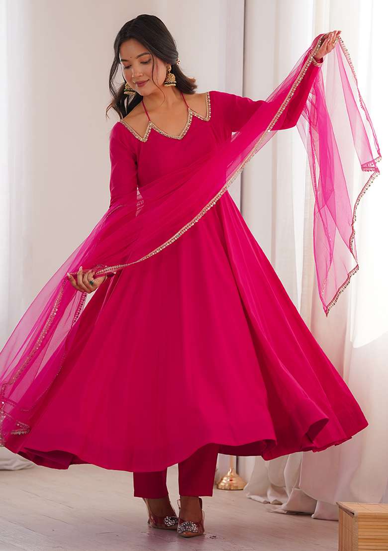 Dark Pink Solid Chanderi Anarkali Set - Indya