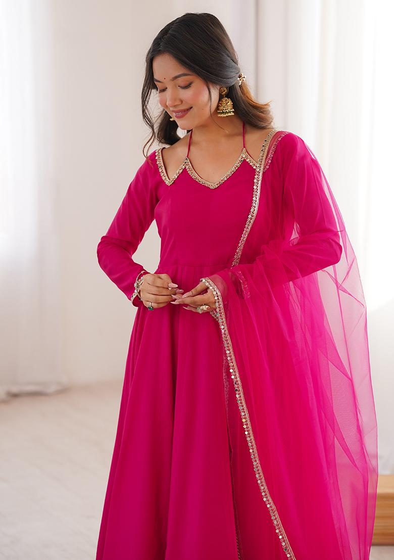 Dark Pink Lace Work Chanderi Kurta Set - Indya