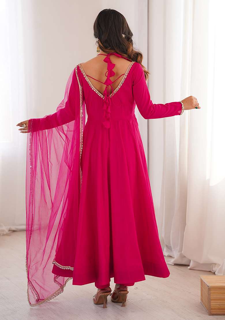 Dark Pink Solid Chanderi Anarkali Set - Indya