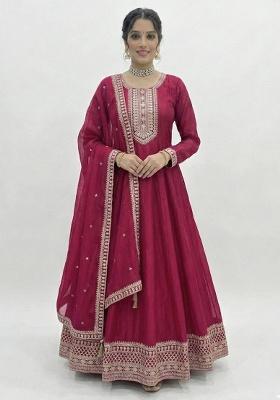 Dark Pink Embroidery Vichitra Kurta With Dupatta