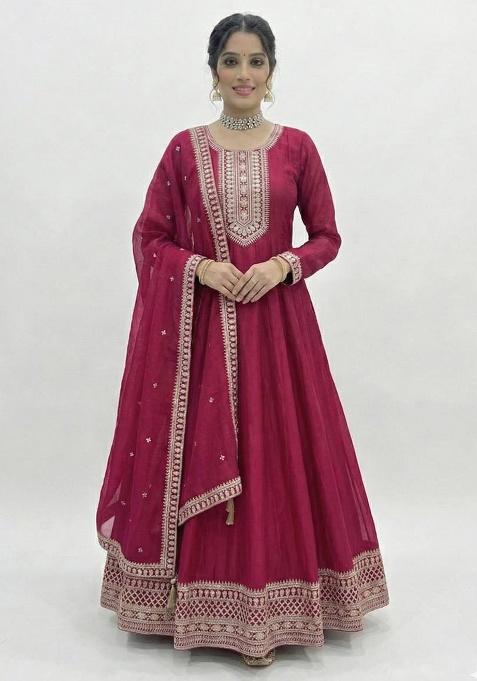 Dark Pink Embroidery Vichitra Kurta With Dupatta