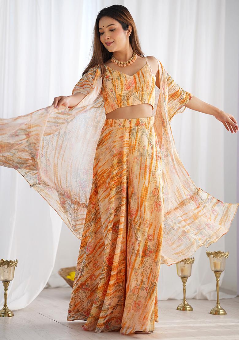 Peach Floral Print Georgette Shrug Set - Indya