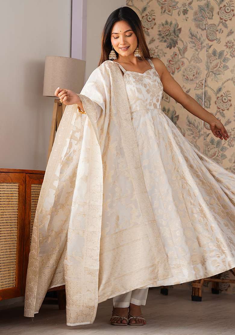 Off White Jacquard Silk Blend Anarkali Set - Indya
