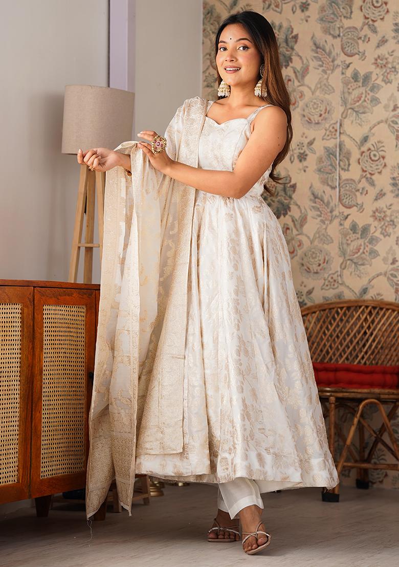 Off White Jacquard Silk Kurta Set - Indya