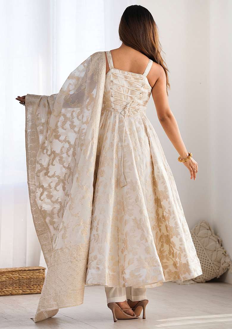 Off White Jacquard Silk Blend Anarkali Set - Indya