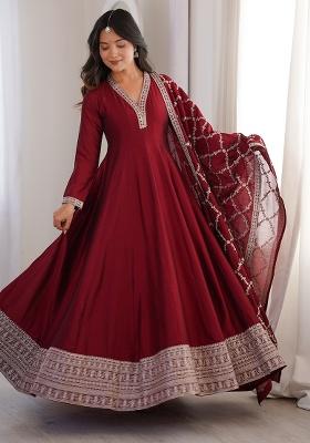 Maroon Embroidery Silk Anarkali With Dupatta