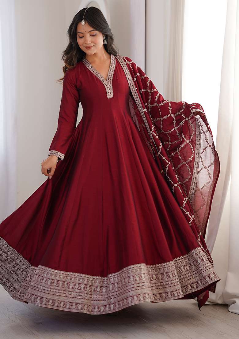 Maroon Embroidered Silk Blend Anarkali With Dupatta - Indya
