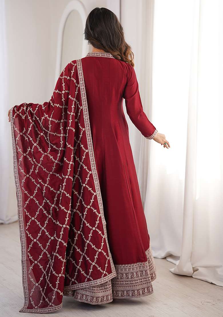 Maroon Embroidered Silk Blend Anarkali With Dupatta - Indya