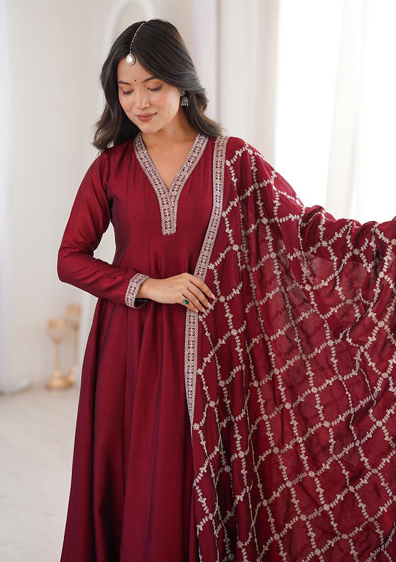 Maroon Embroidery Silk Anarkali With Dupatta - Indya