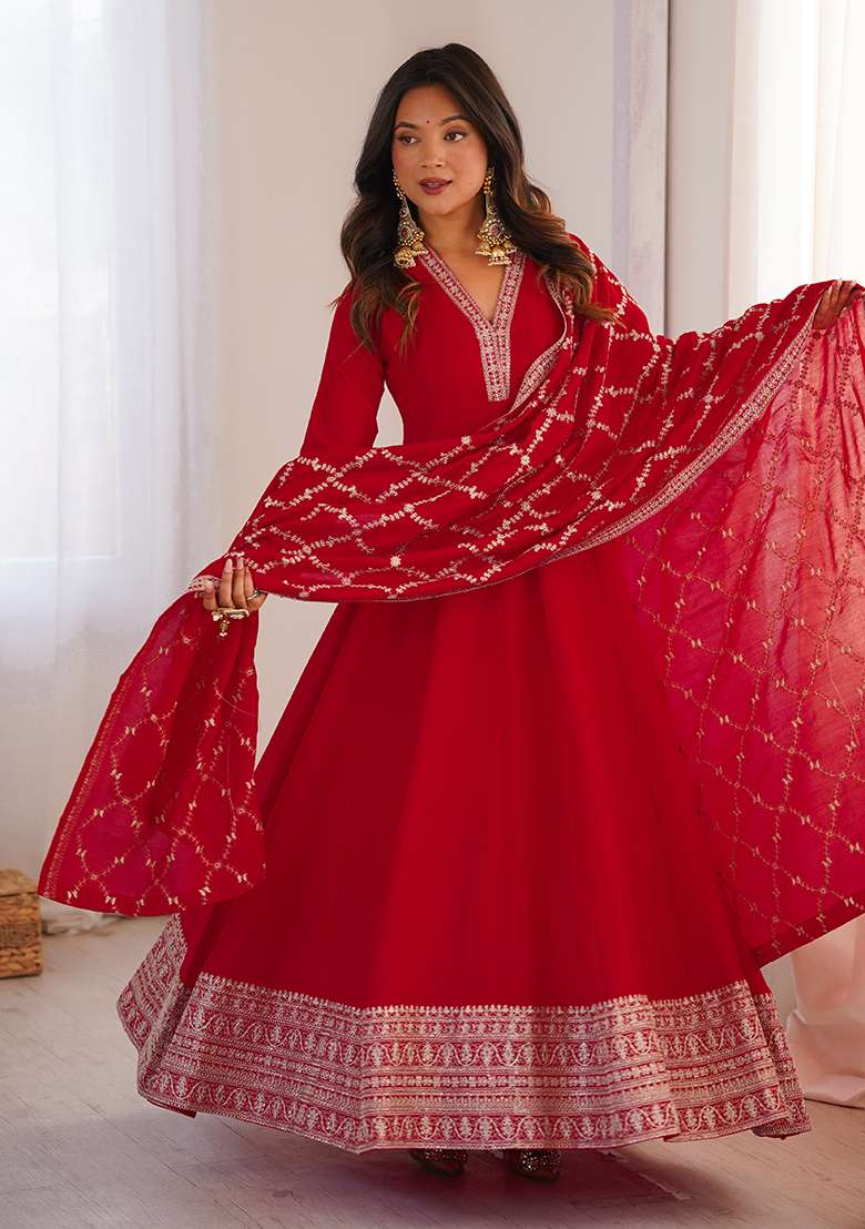 Red Embroidered Silk Blend Anarkali With Dupatta - Indya