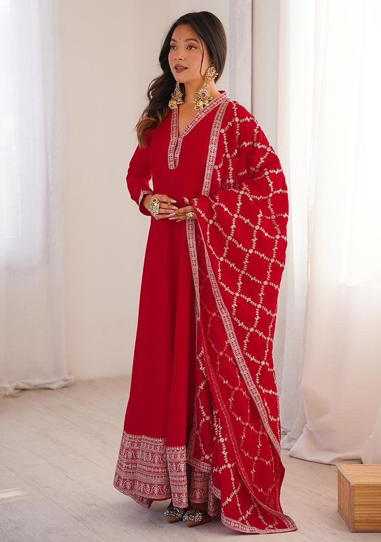 Red Embroidery Silk Anarkali With Dupatta - Indya