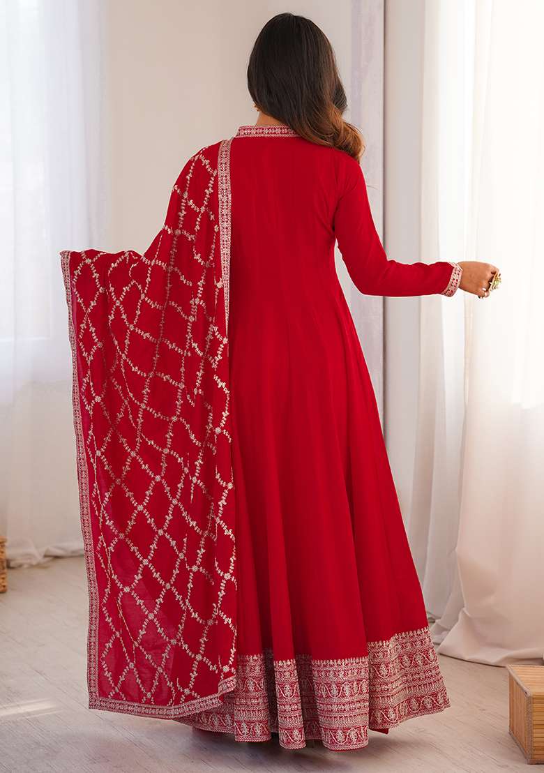 Red Embroidered Silk Blend Anarkali With Dupatta - Indya