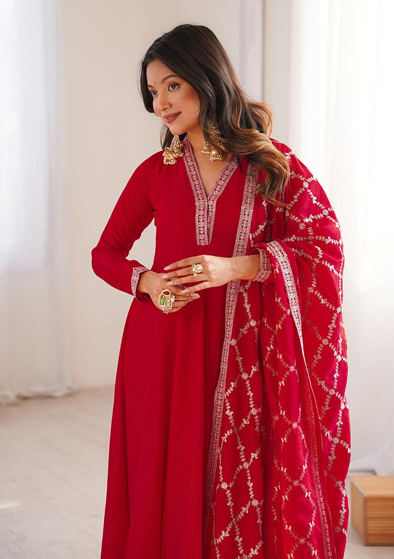 Red Embroidery Silk Anarkali With Dupatta - Indya