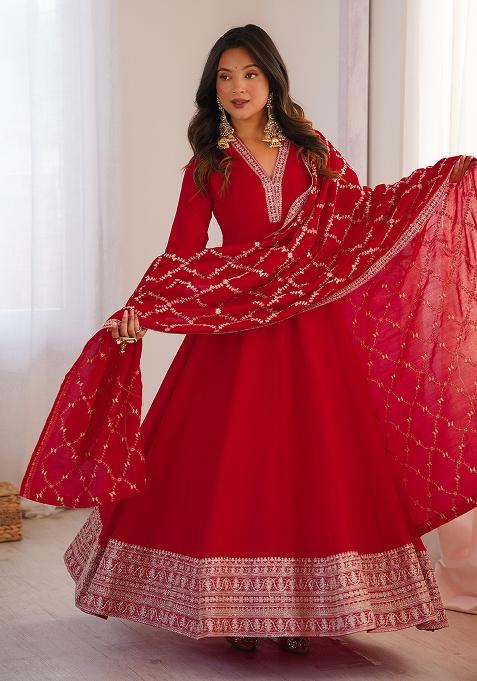 Red Embroidery Silk Anarkali With Dupatta