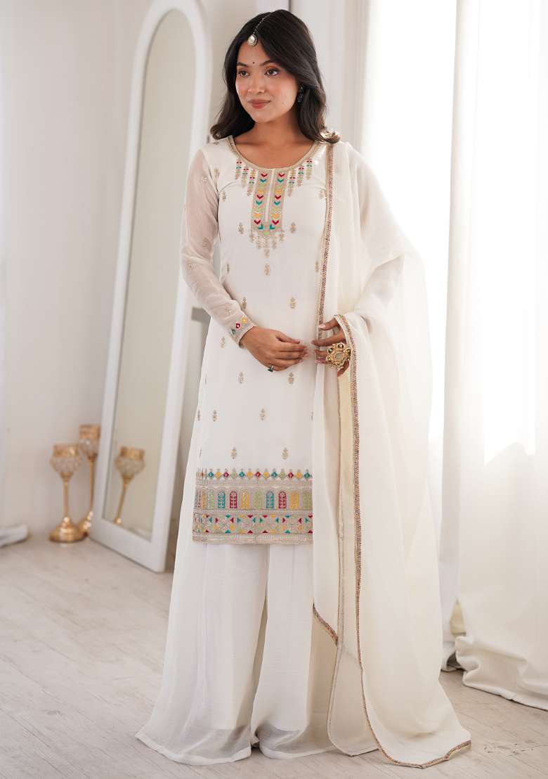 White Embroidered Silk Blend Sharara Set - Indya