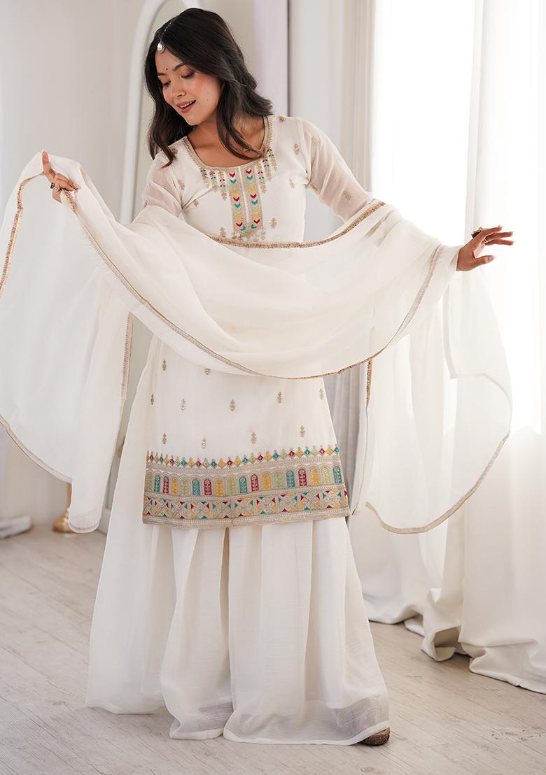 White Embroidery Silk Kurta Set - Indya