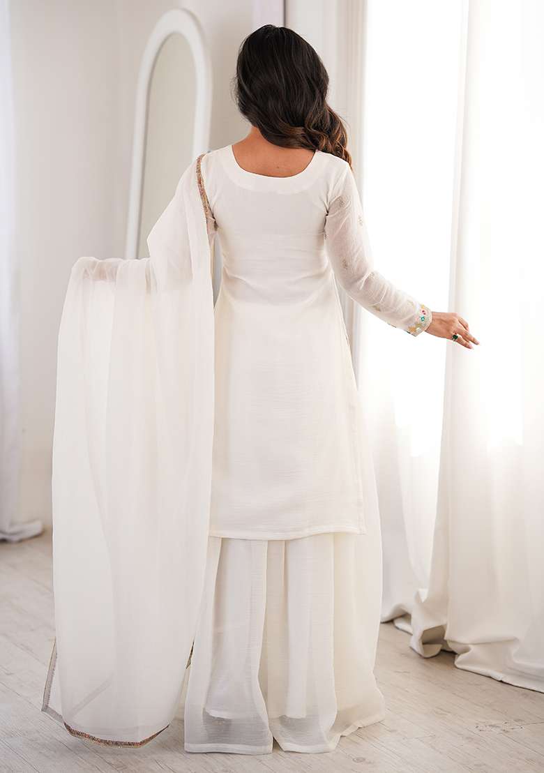White Embroidered Silk Blend Sharara Set - Indya