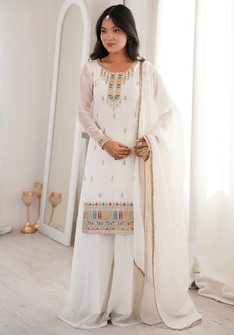White Embroidery Silk Kurta Set