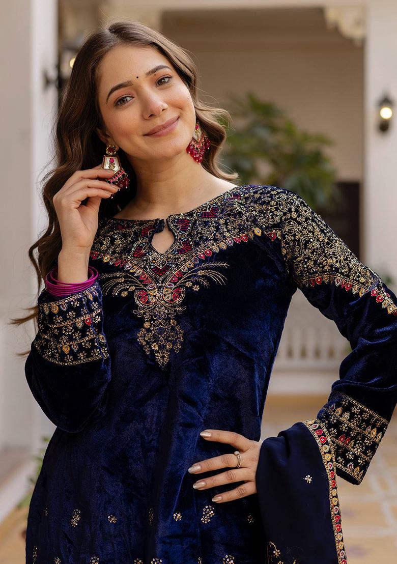 Blue Embroidery Velvet Kurta Set - Indya