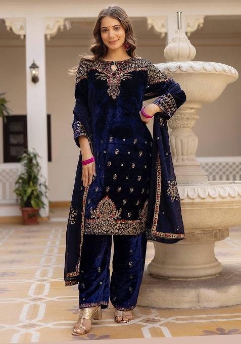 Blue Embroidery Velvet Kurta Set