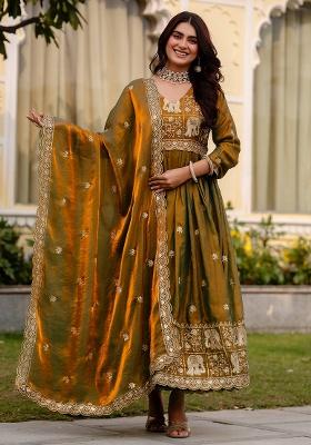 Mehendi Embroidery Satin Kurta With Dupatta