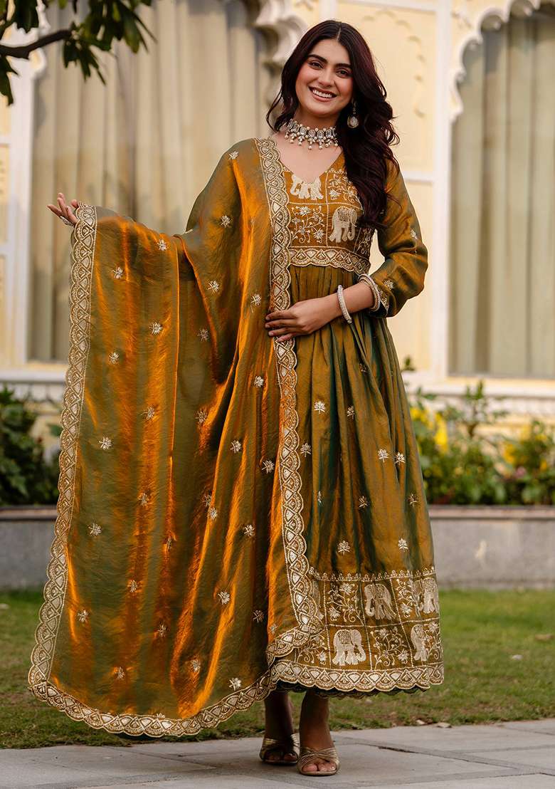 Mehendi Embroidered Satin Anarkali Set - Indya
