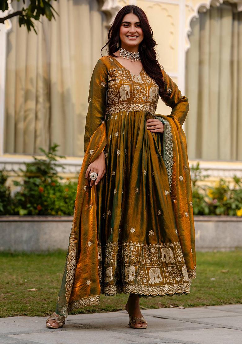 Mehendi Embroidery Satin Kurta With Dupatta - Indya