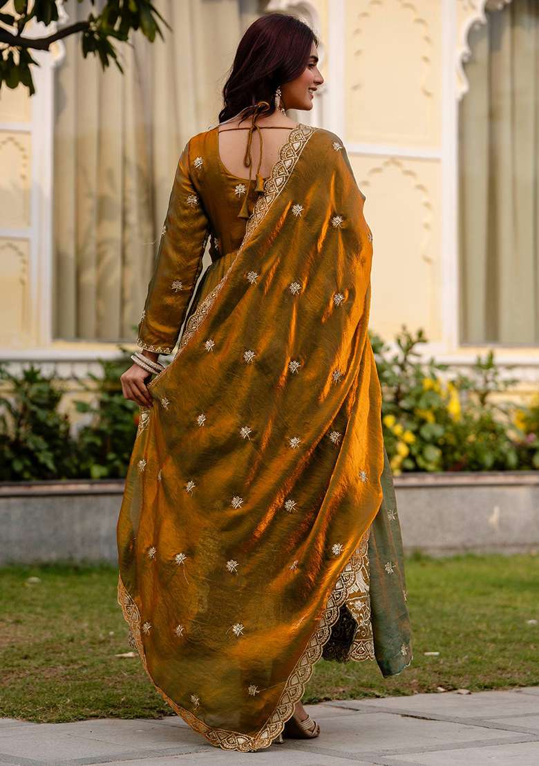 Mehendi Embroidered Satin Anarkali Set - Indya