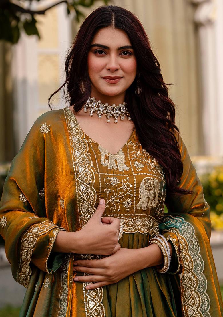 Mehendi Embroidery Satin Kurta With Dupatta - Indya