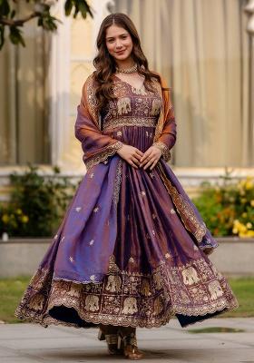 Wine Embroidery Satin Kurta With Dupatta