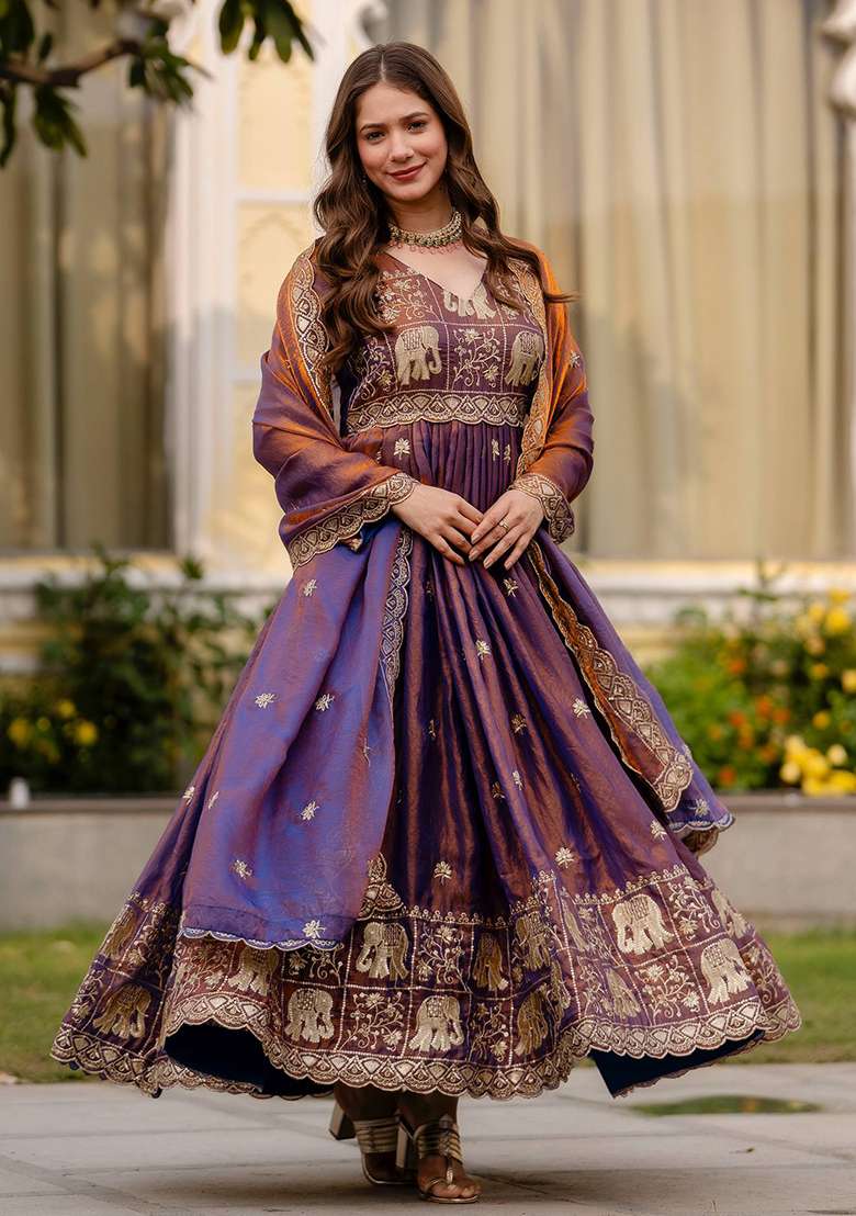 Wine Embroidered Satin Anarkali Set - Indya