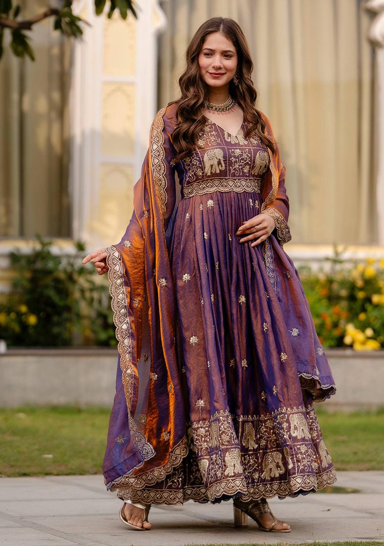 Wine Embroidery Satin Kurta With Dupatta - Indya