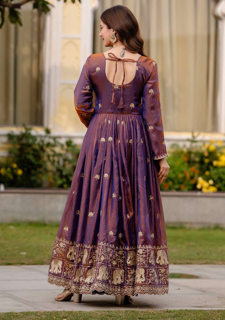 Wine Embroidered Satin Anarkali Set - Indya