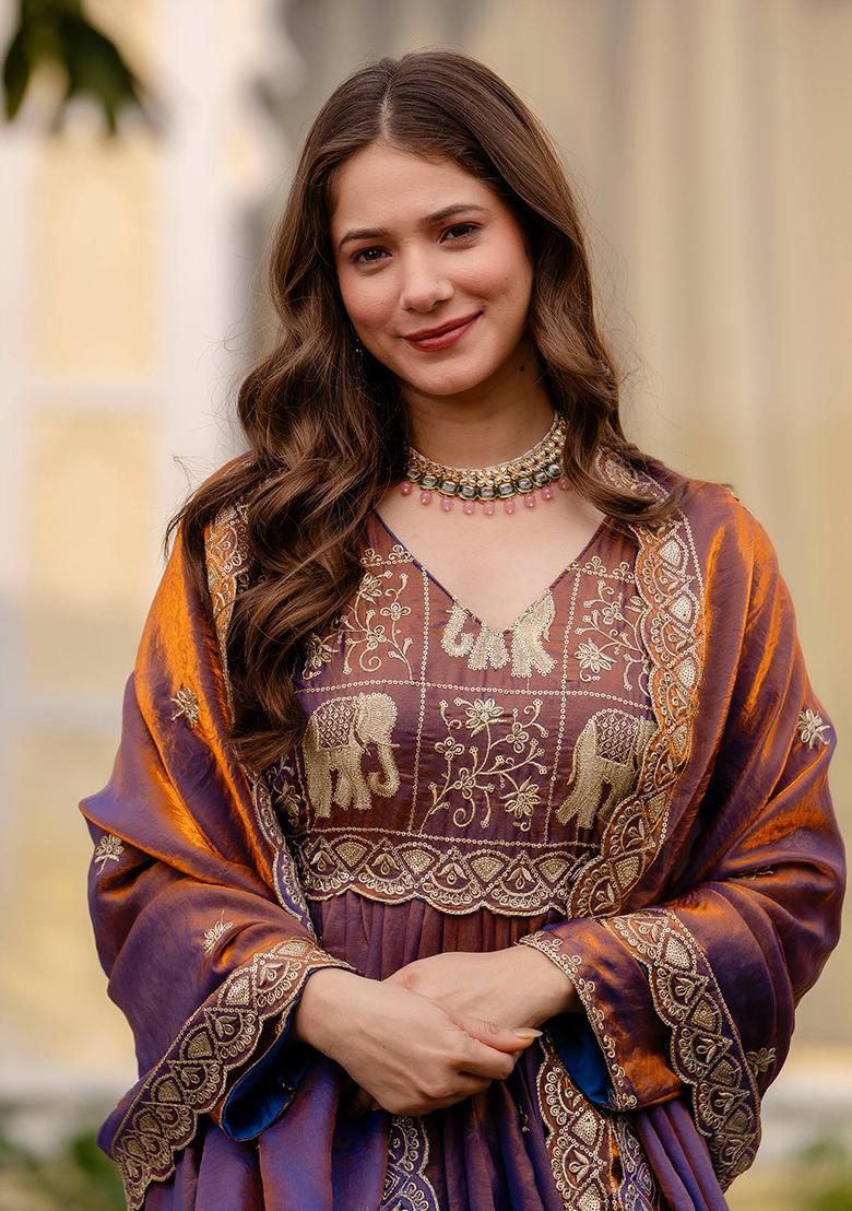 Wine Embroidery Satin Kurta With Dupatta - Indya