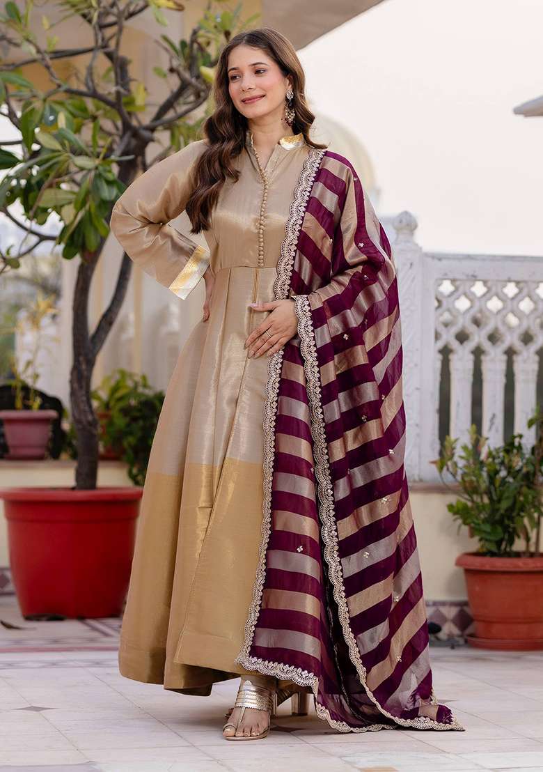 Multicolor Solid Viscose Anarkali Set - Indya