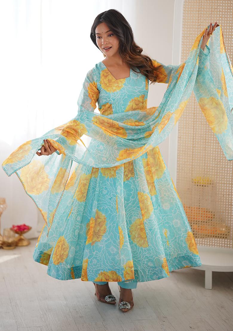 Multicolor Printed Organza Kurta Set - Indya