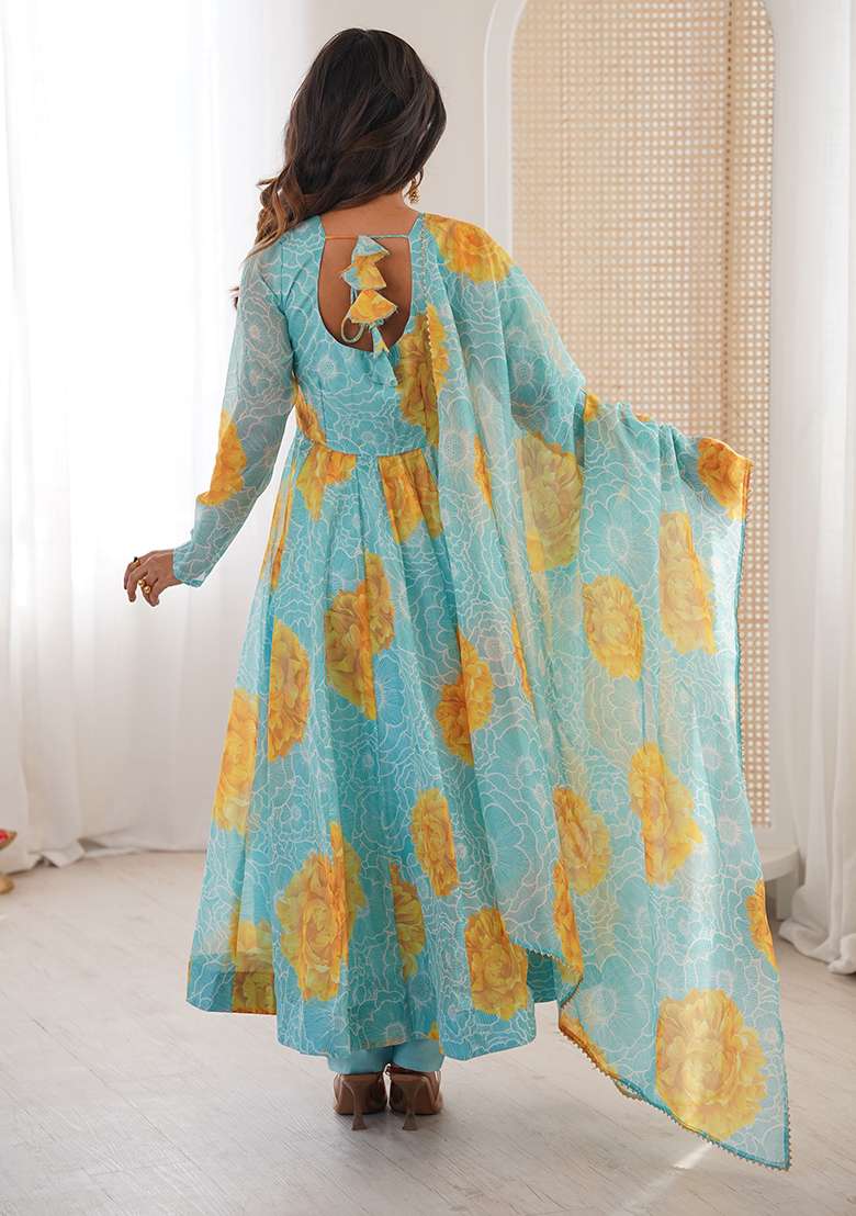 Multicolor Printed Organza Anarkali Set - Indya