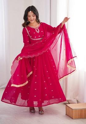 Rani Pink Embroidery Georgette Kurta Set