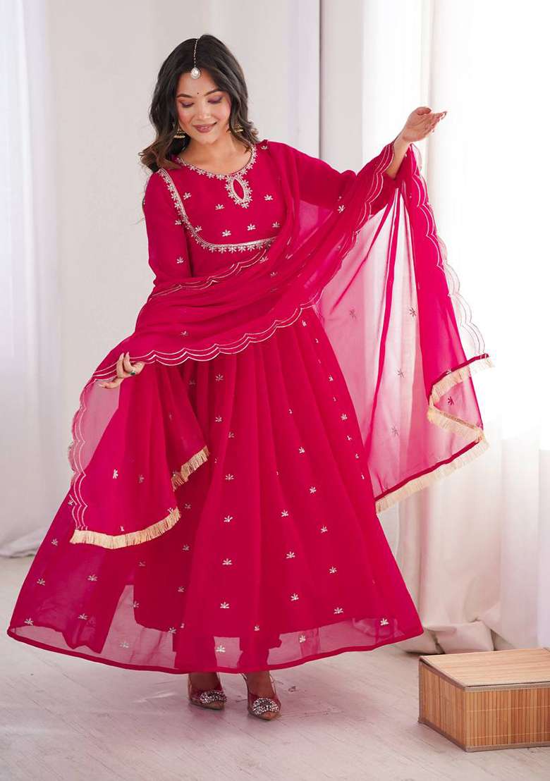 Rani Pink Embroidered Georgette Anarkali Set - Indya