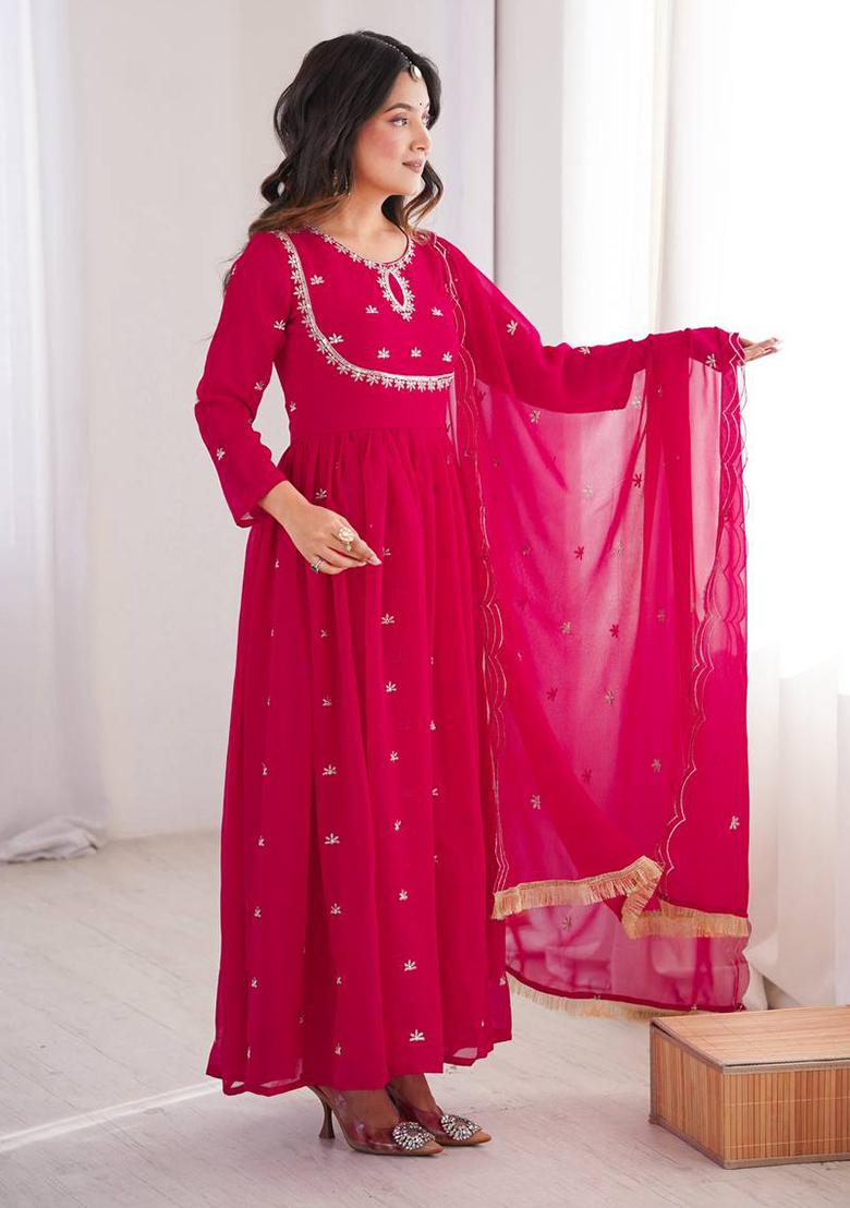 Rani Pink Embroidery Georgette Kurta Set - Indya
