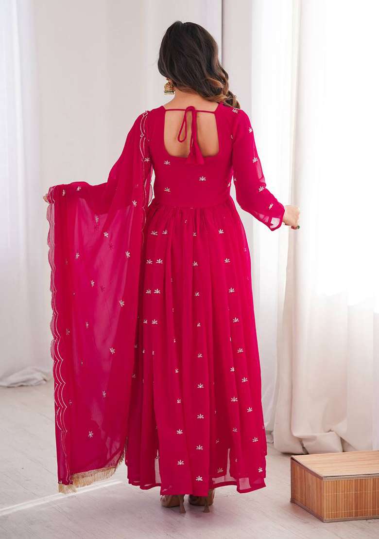 Rani Pink Embroidered Georgette Anarkali Set - Indya