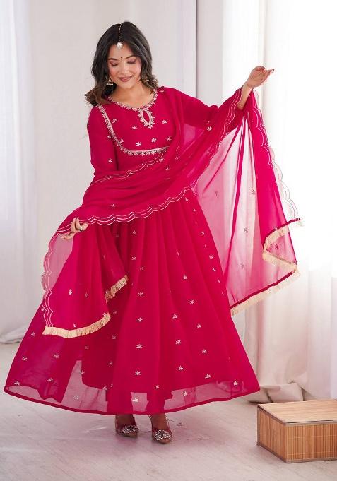 Rani Pink Embroidery Georgette Kurta Set