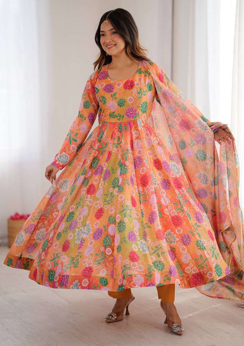 Multicolor Floral Print Organza Anarkali Set - Indya