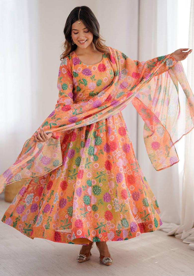 Multicolor Printed Organza Kurta Set - Indya